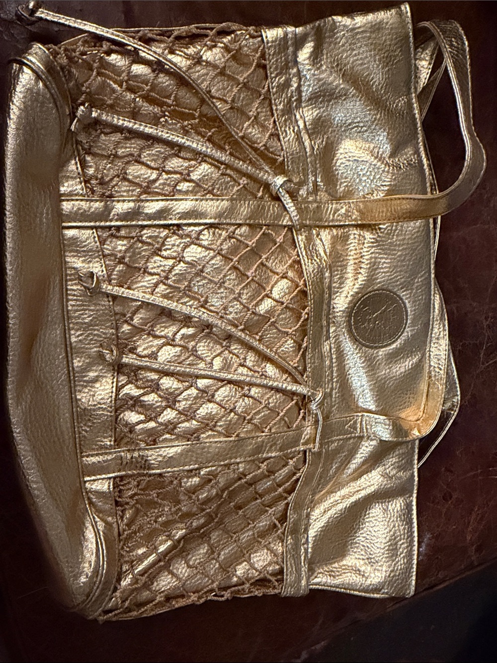 Vintage Carlos Falchi Sport Metallic Gold Fishnet Tote Bag